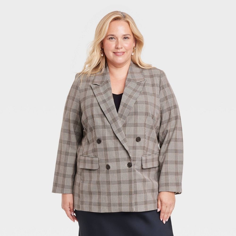 Women's Double-Breasted Brown Plaid Blazer – A New Day XXL – New with Tags